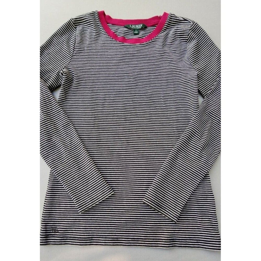 Lauren Polo Shirt Womens S Green Label Black White Striped Long Sleeve Top
